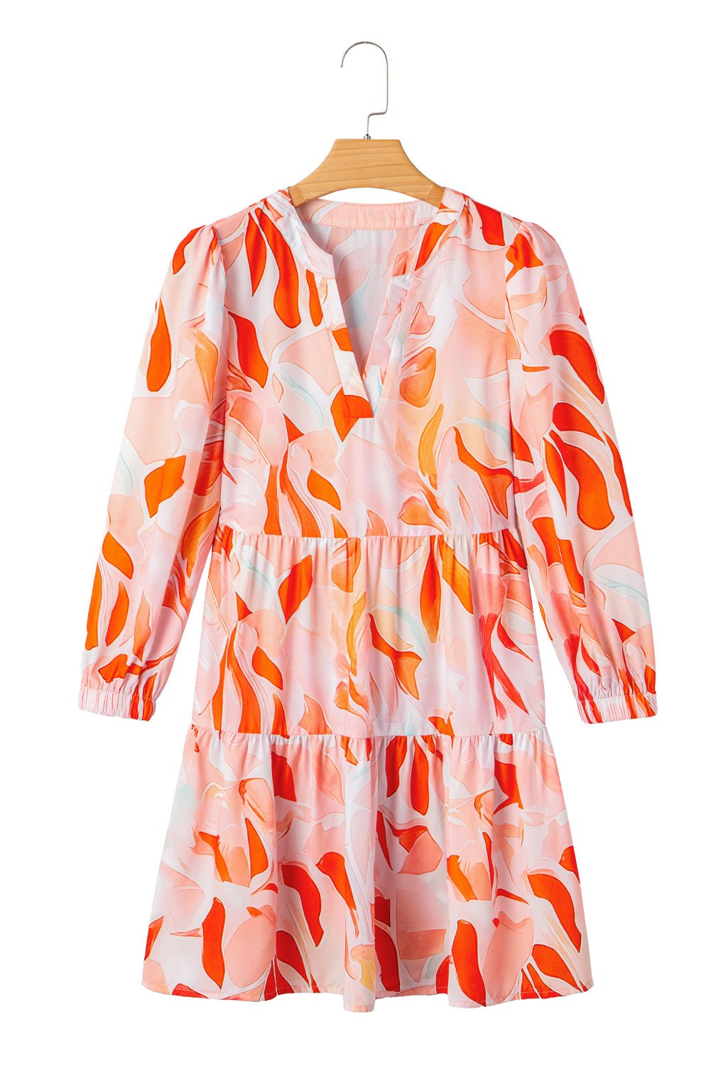 Orange Abstract Print Split Neck Long Sleeve Dress - MAD RUFFI