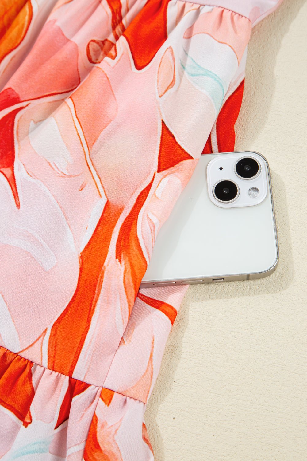 Orange Abstract Print Split Neck Long Sleeve Dress - MAD RUFFI