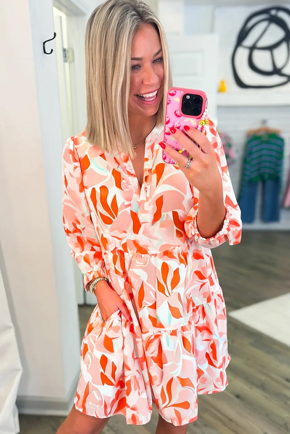 Orange Abstract Print Split Neck Long Sleeve Dress - MAD RUFFI