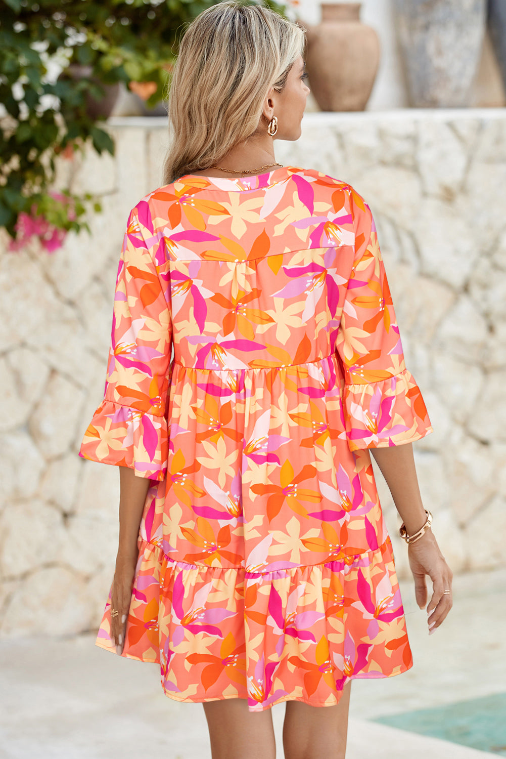 Orange Abstract Print V Neck Ruffle Bell Sleeve Mini Tiered Dress - MAD RUFFI