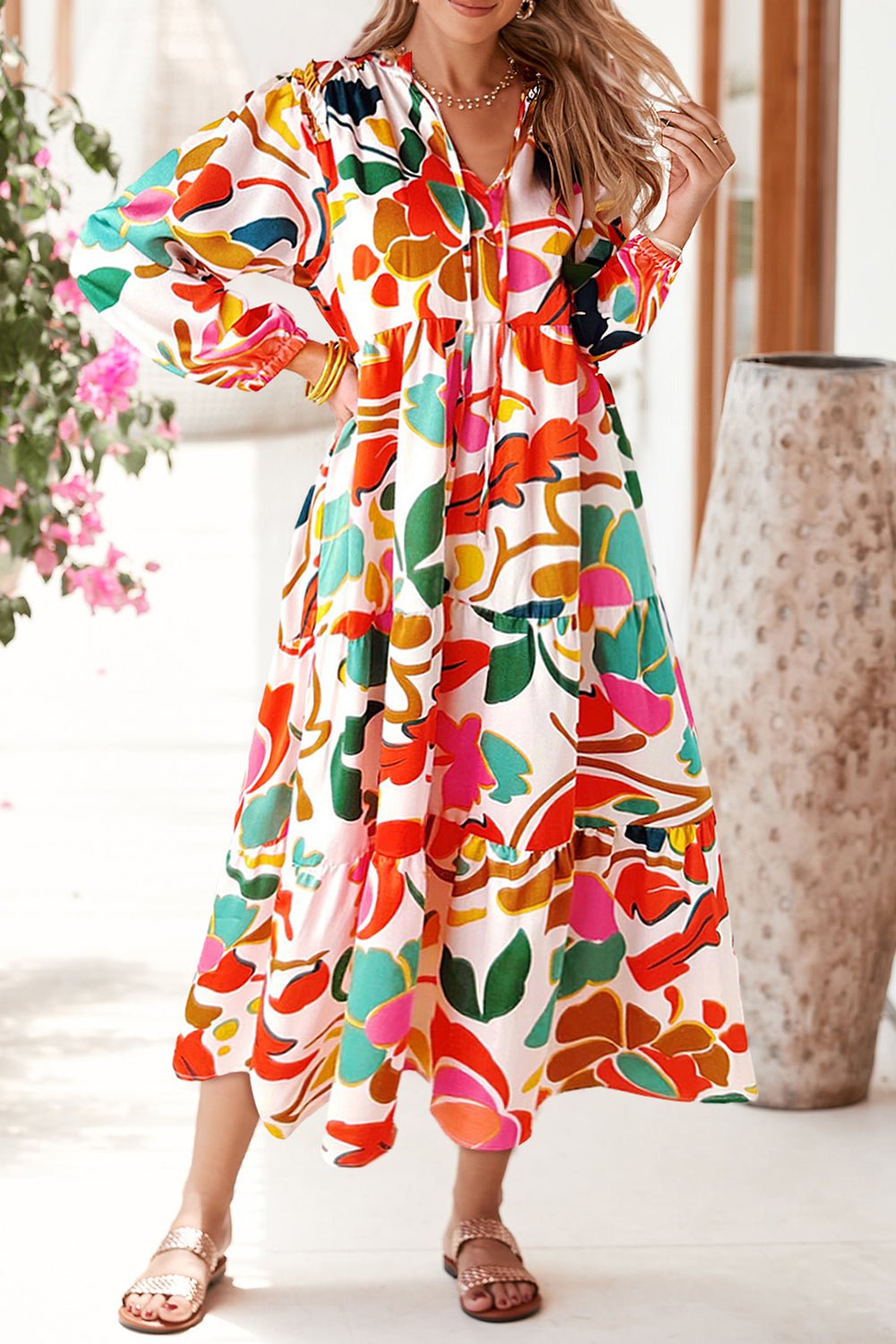 Orange Abstract Tie V Neck Tiered Maxi Dress - MAD RUFFI