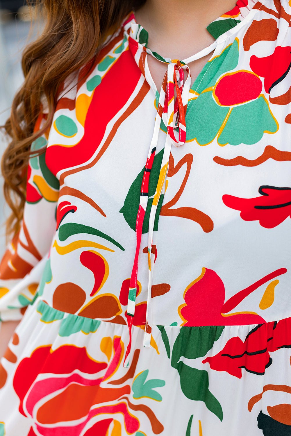 Orange Abstract Tie V Neck Tiered Plus Size Dress - MAD RUFFI