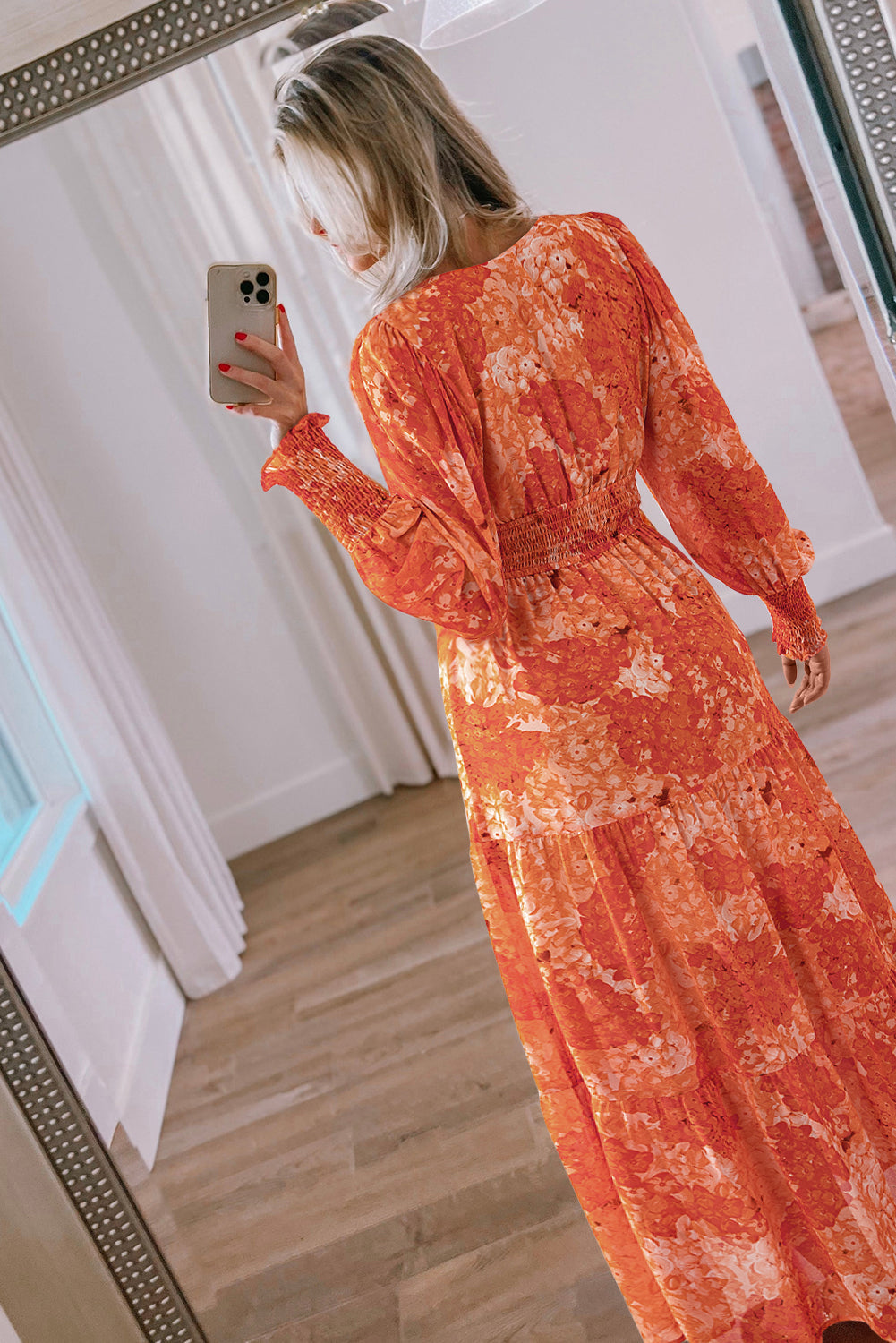 Orange Boho Floral Bishop Sleeve V Neck Tiered Maxi Dress - MAD RUFFI