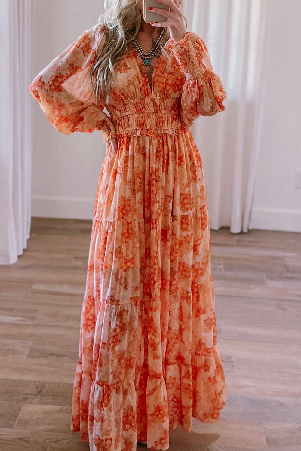 Orange Boho Floral Bishop Sleeve V Neck Tiered Maxi Dress - MAD RUFFI