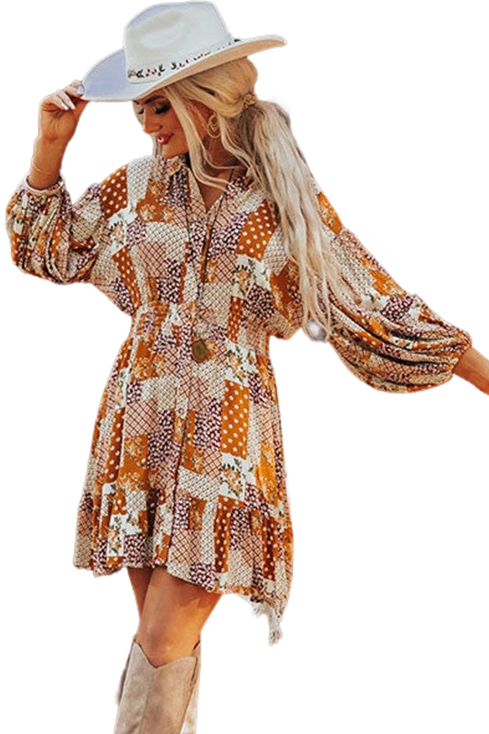 Orange Boho Floral Puff Sleeve Smocked Waist Mini Shirt Dress - MAD RUFFI