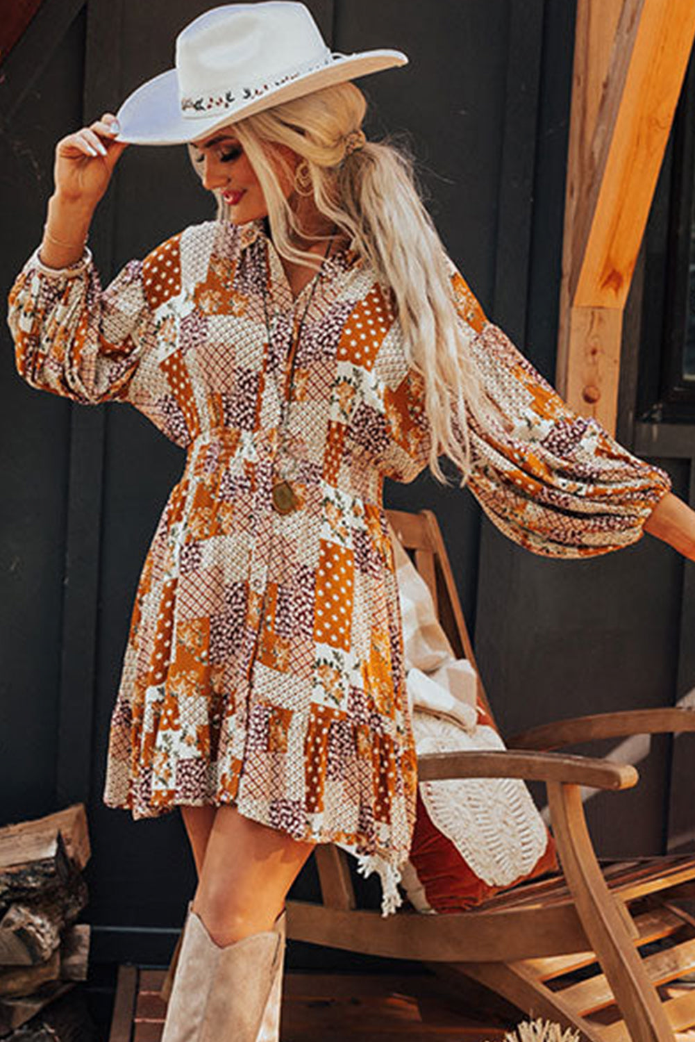 Orange Boho Floral Puff Sleeve Smocked Waist Mini Shirt Dress - MAD RUFFI