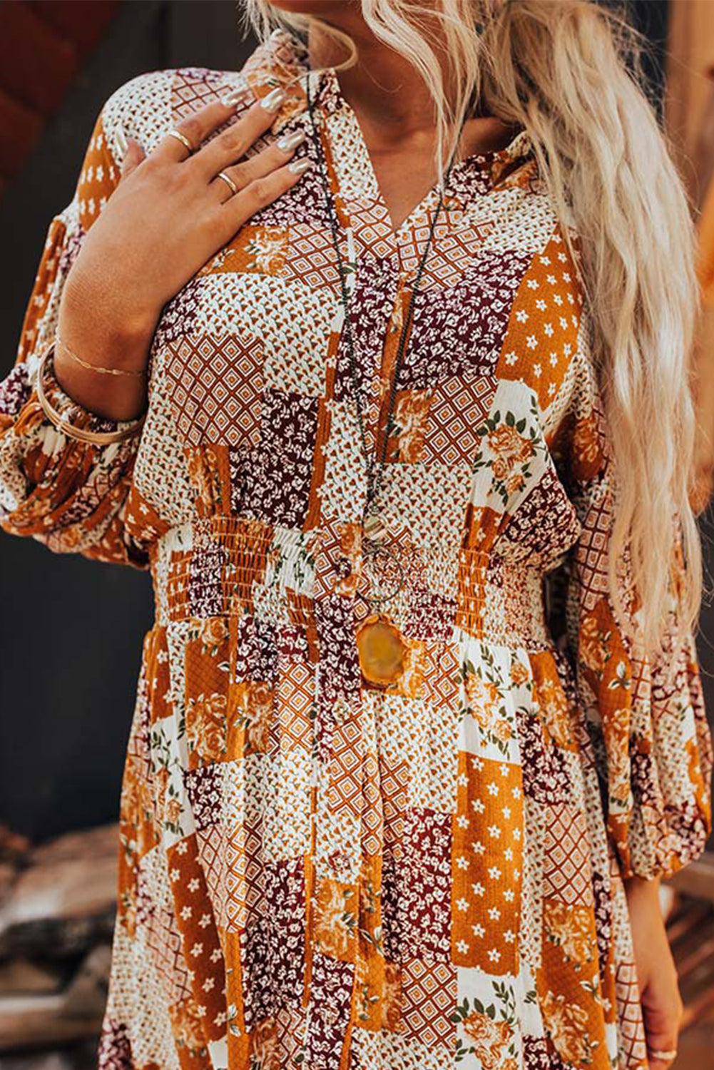 Orange Boho Floral Puff Sleeve Smocked Waist Mini Shirt Dress - MAD RUFFI