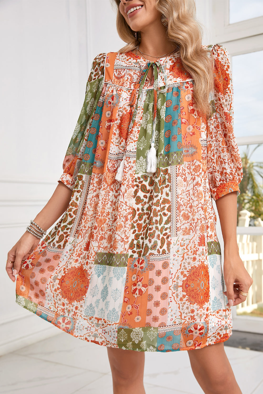 Orange Boho Paisley Mixed Print 3/4 Sleeve Chiffon Loose Dress - MAD RUFFI