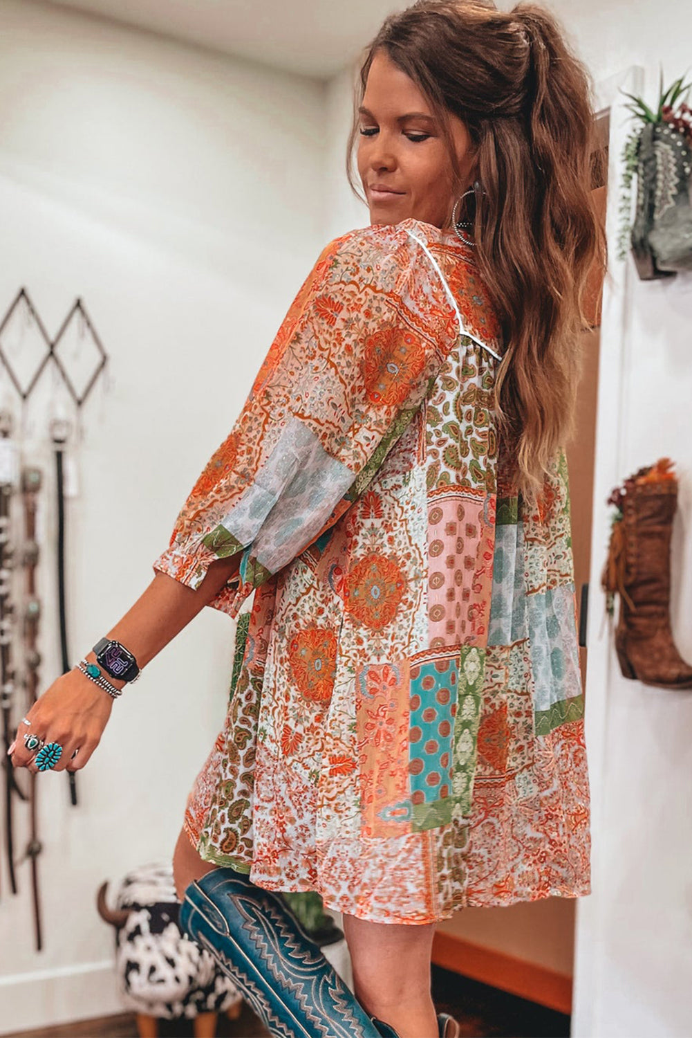 Orange Boho Paisley Mixed Print 3/4 Sleeve Chiffon Loose Dress - MAD RUFFI