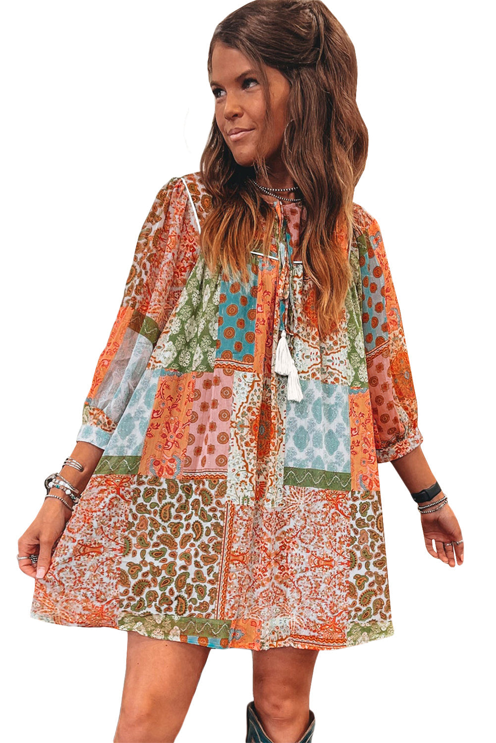 Orange Boho Paisley Mixed Print 3/4 Sleeve Chiffon Loose Dress - MAD RUFFI