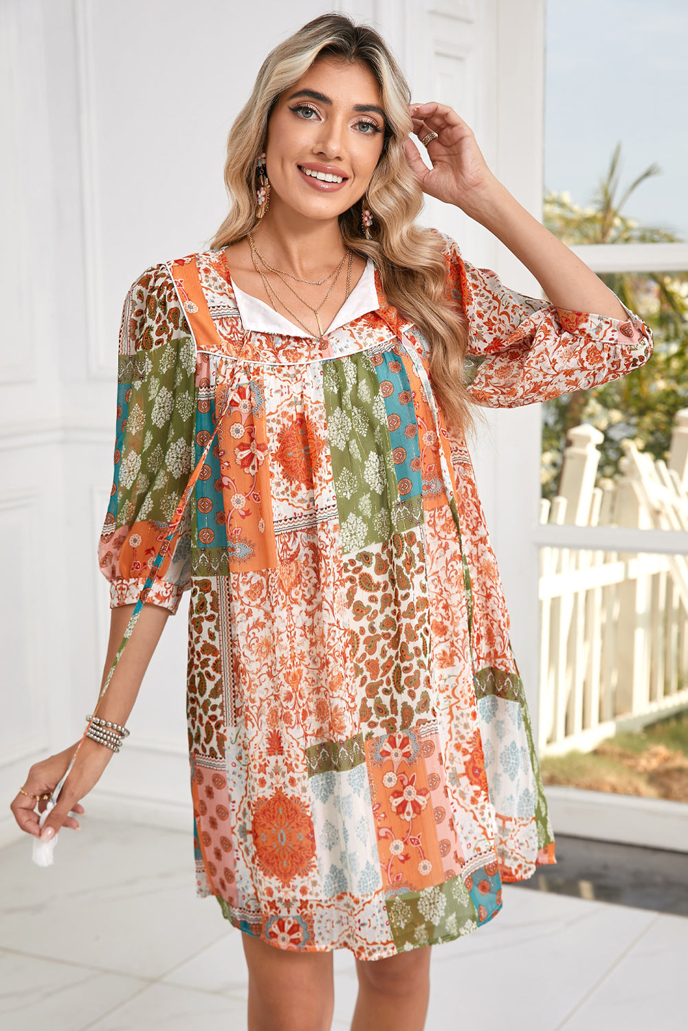 Orange Boho Paisley Mixed Print 3/4 Sleeve Chiffon Loose Dress - MAD RUFFI