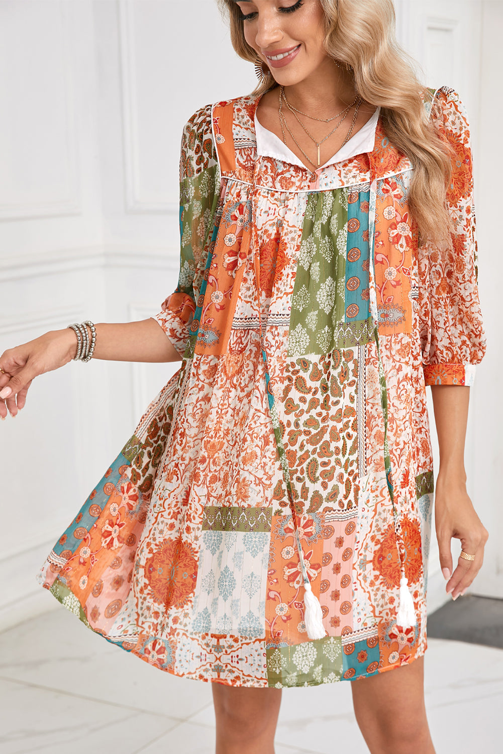 Orange Boho Paisley Mixed Print 3/4 Sleeve Chiffon Loose Dress - MAD RUFFI