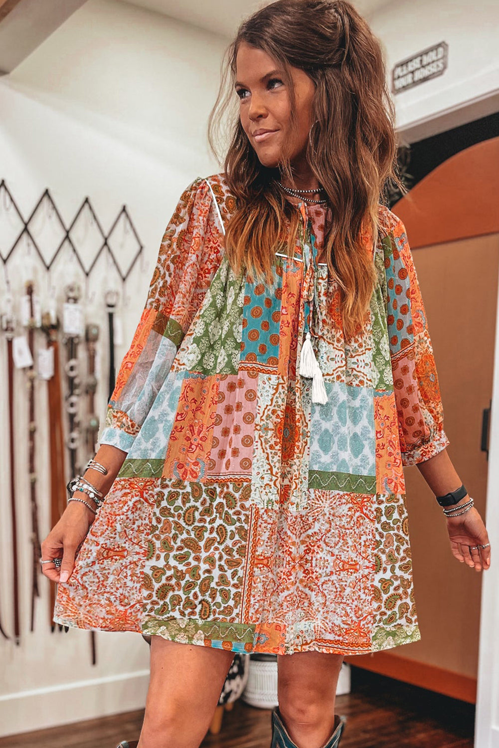 Orange Boho Paisley Mixed Print 3/4 Sleeve Chiffon Loose Dress - MAD RUFFI