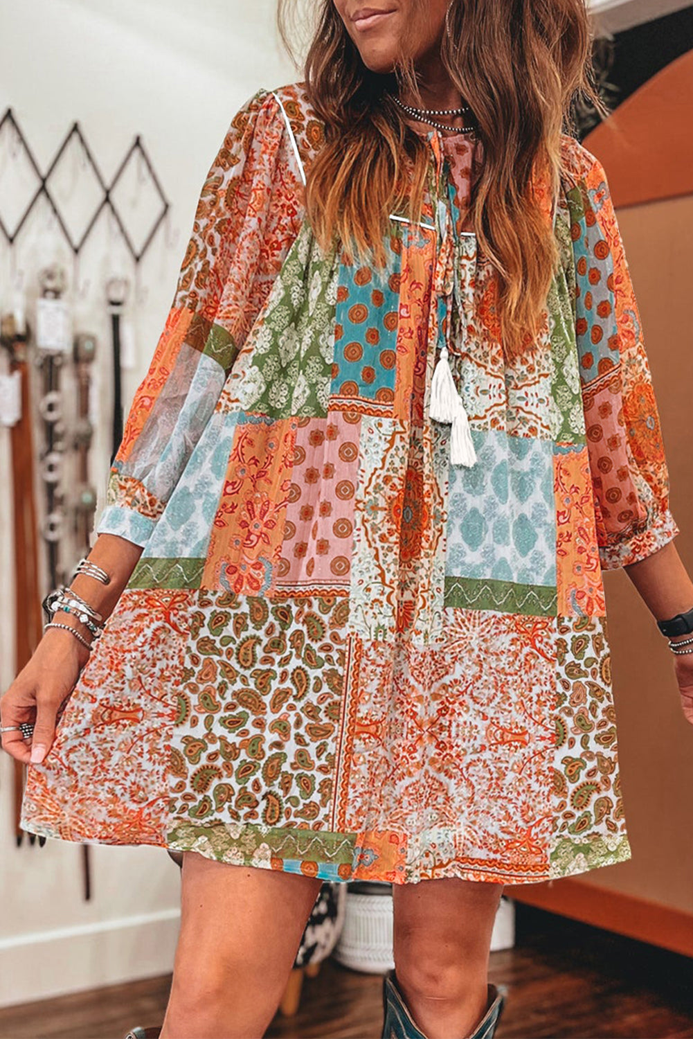 Orange Boho Paisley Mixed Print 3/4 Sleeve Chiffon Loose Dress - MAD RUFFI