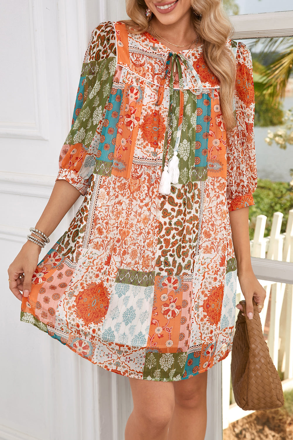 Orange Boho Paisley Mixed Print 3/4 Sleeve Chiffon Loose Dress - MAD RUFFI