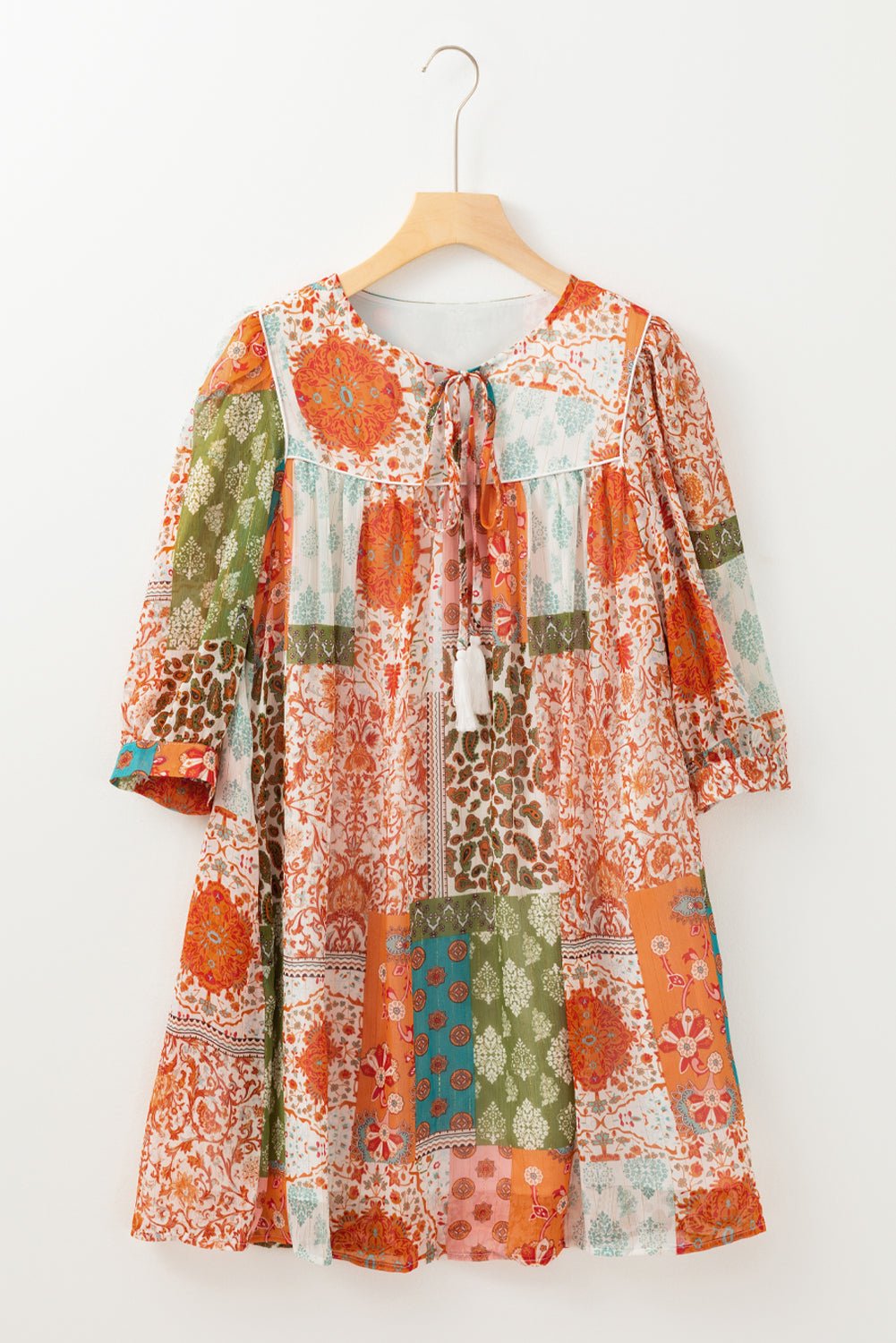 Orange Boho Paisley Mixed Print 3/4 Sleeve Chiffon Loose Dress - MAD RUFFI