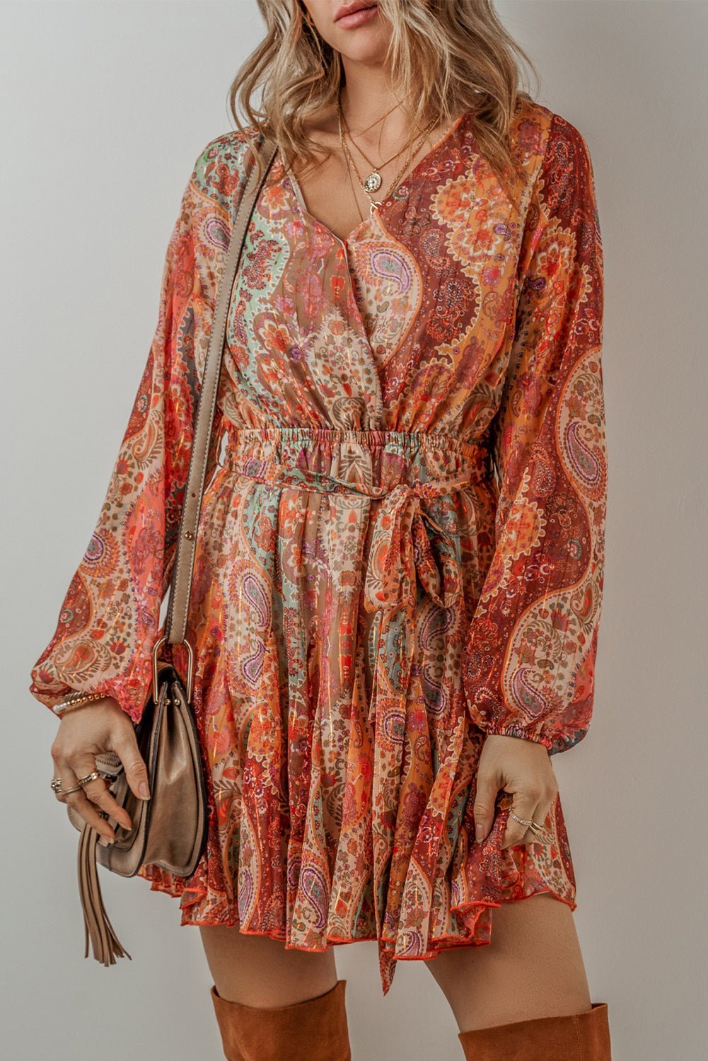 Orange Boho Paisley Print Long Sleeve Pleated Belted Mini Dress - MAD RUFFI