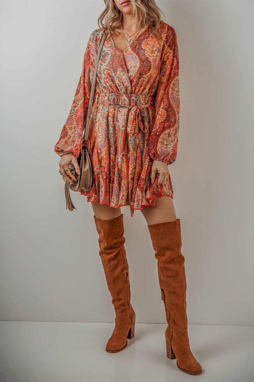 Orange Boho Paisley Print Long Sleeve Pleated Belted Mini Dress - MAD RUFFI