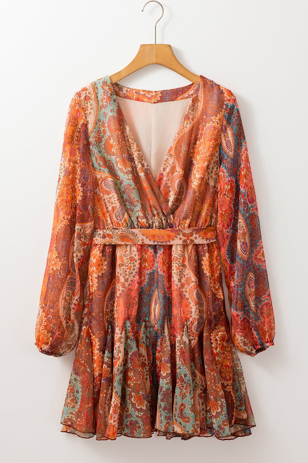 Orange Boho Paisley Print Long Sleeve Pleated Belted Mini Dress - MAD RUFFI