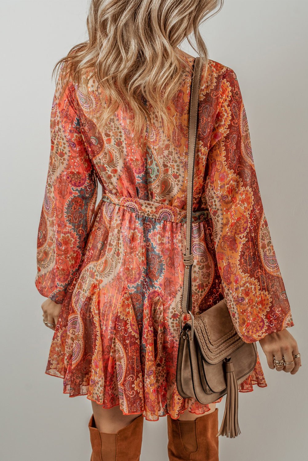 Orange Boho Paisley Print Long Sleeve Pleated Belted Mini Dress - MAD RUFFI