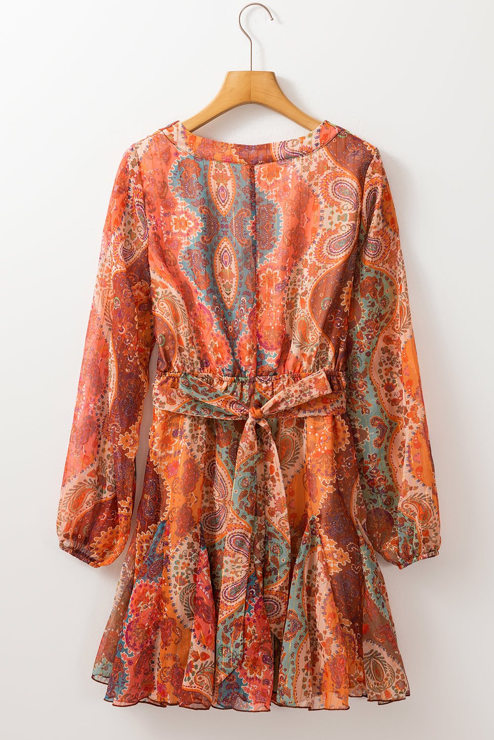 Orange Boho Paisley Print Long Sleeve Pleated Belted Mini Dress - MAD RUFFI