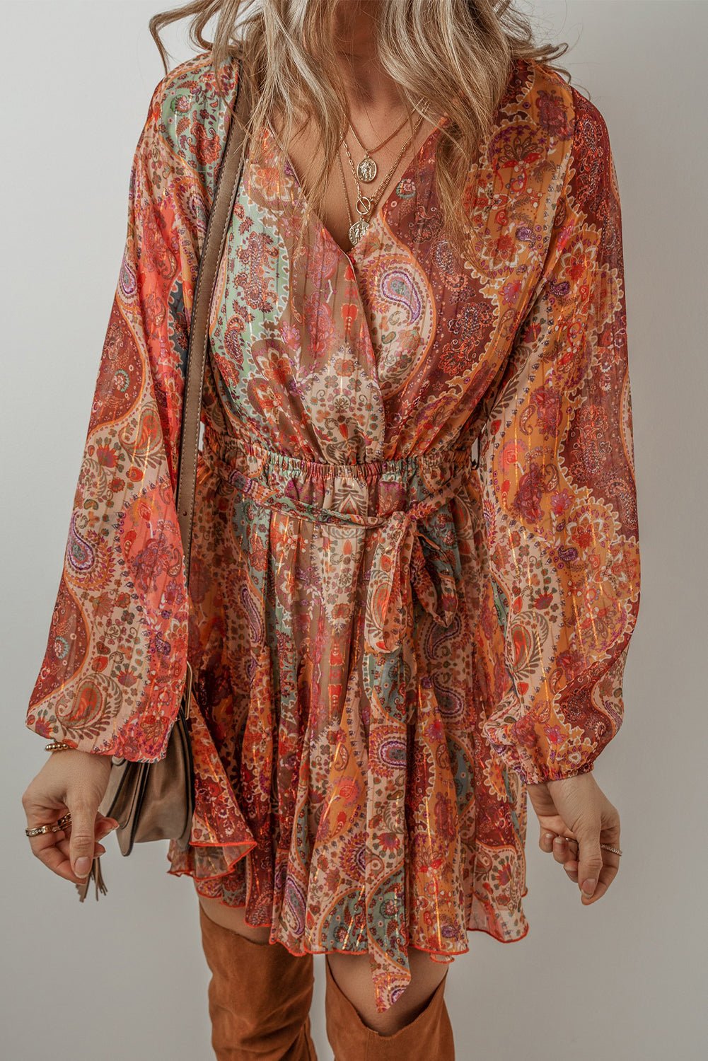 Orange Boho Paisley Print Long Sleeve Pleated Belted Mini Dress - MAD RUFFI