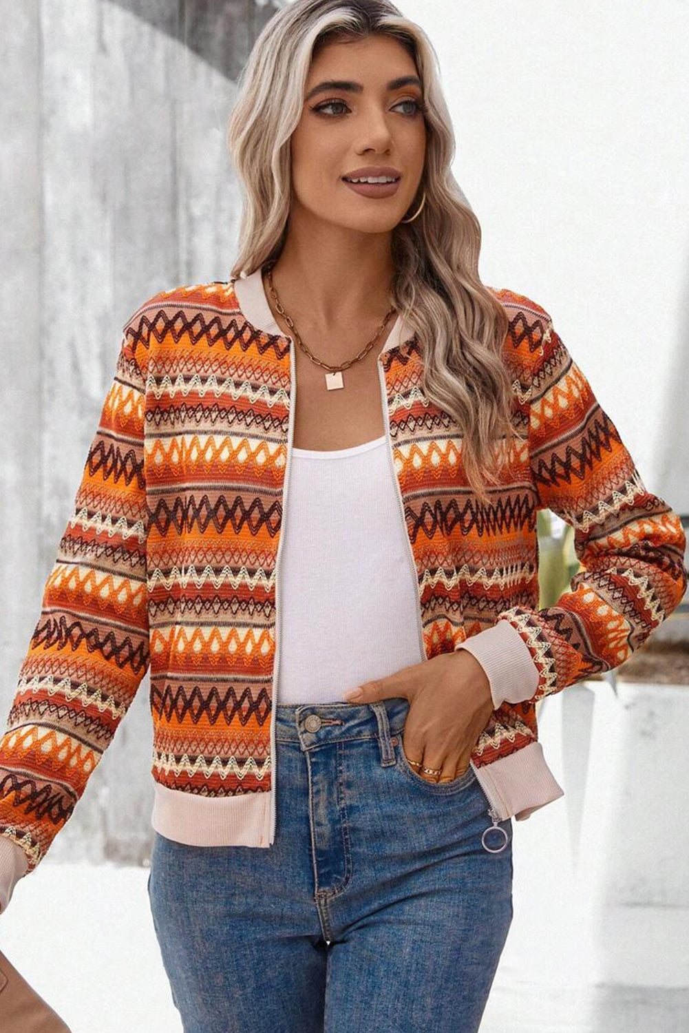 Orange Boho Striped Zip-Up Long Sleeve Jacket - MAD RUFFI