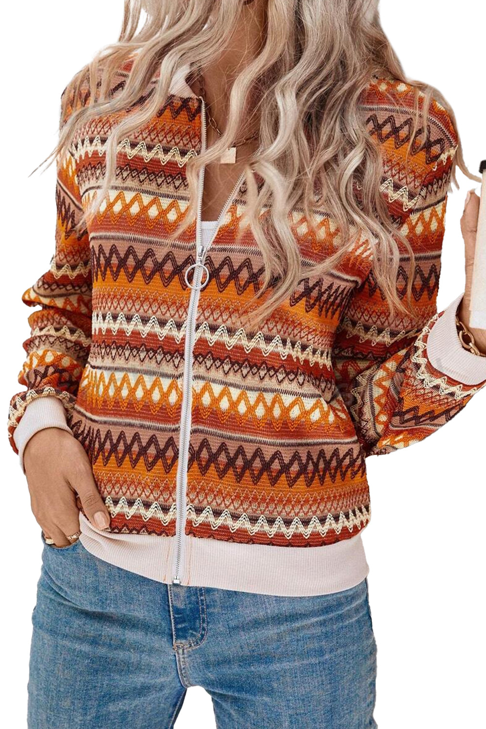 Orange Boho Striped Zip-Up Long Sleeve Jacket - MAD RUFFI