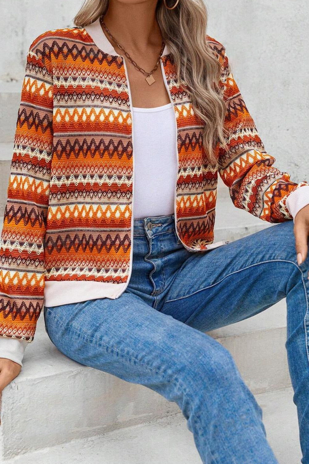 Orange Boho Striped Zip-Up Long Sleeve Jacket - MAD RUFFI