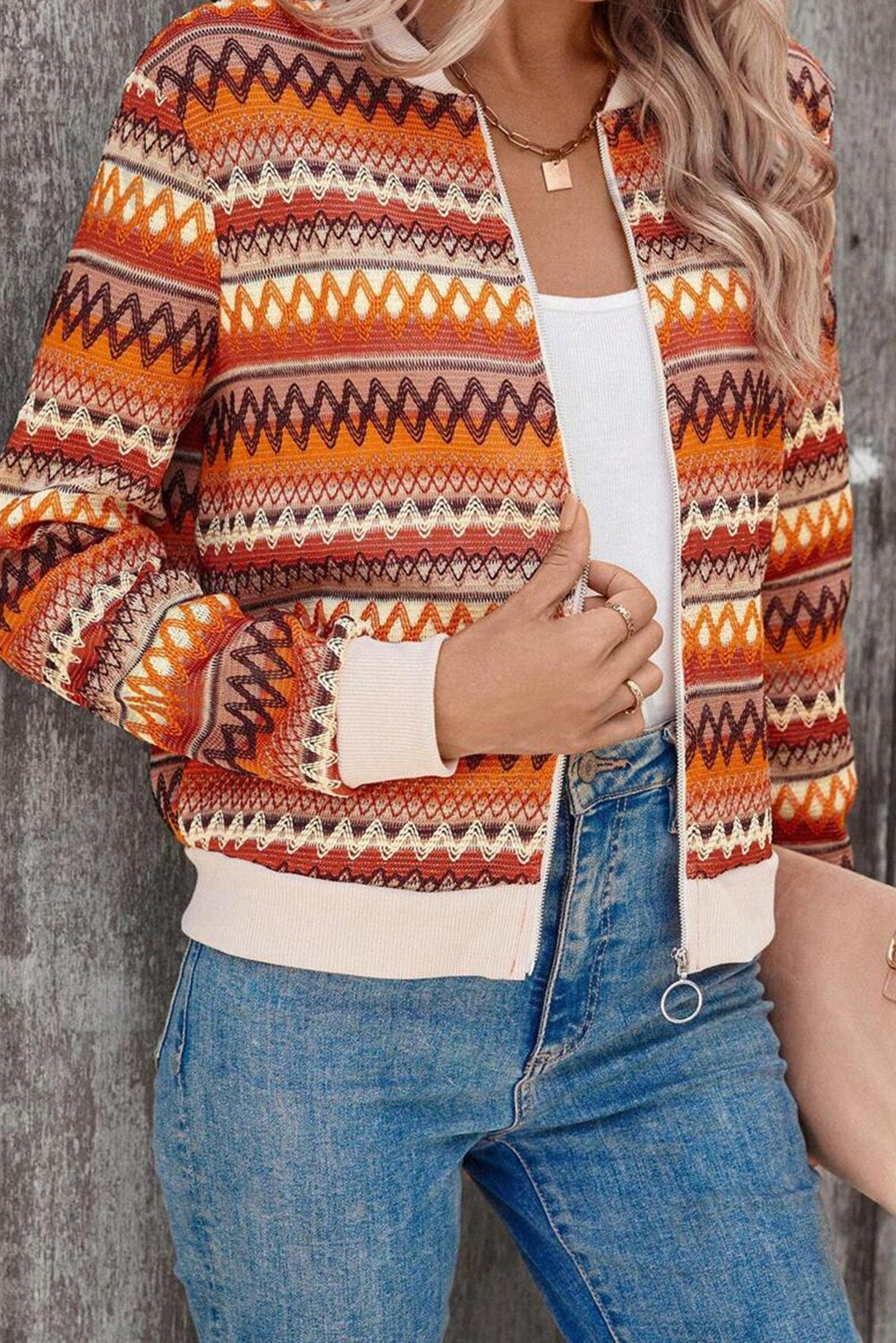 Orange Boho Striped Zip-Up Long Sleeve Jacket - MAD RUFFI