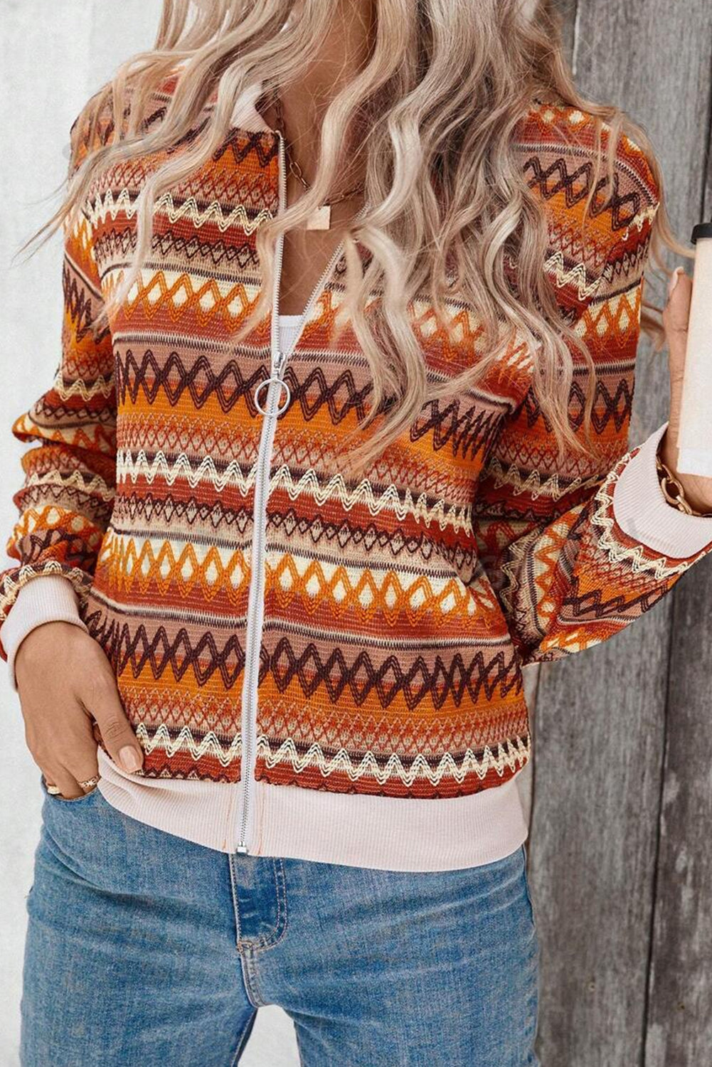 Orange Boho Striped Zip-Up Long Sleeve Jacket - MAD RUFFI