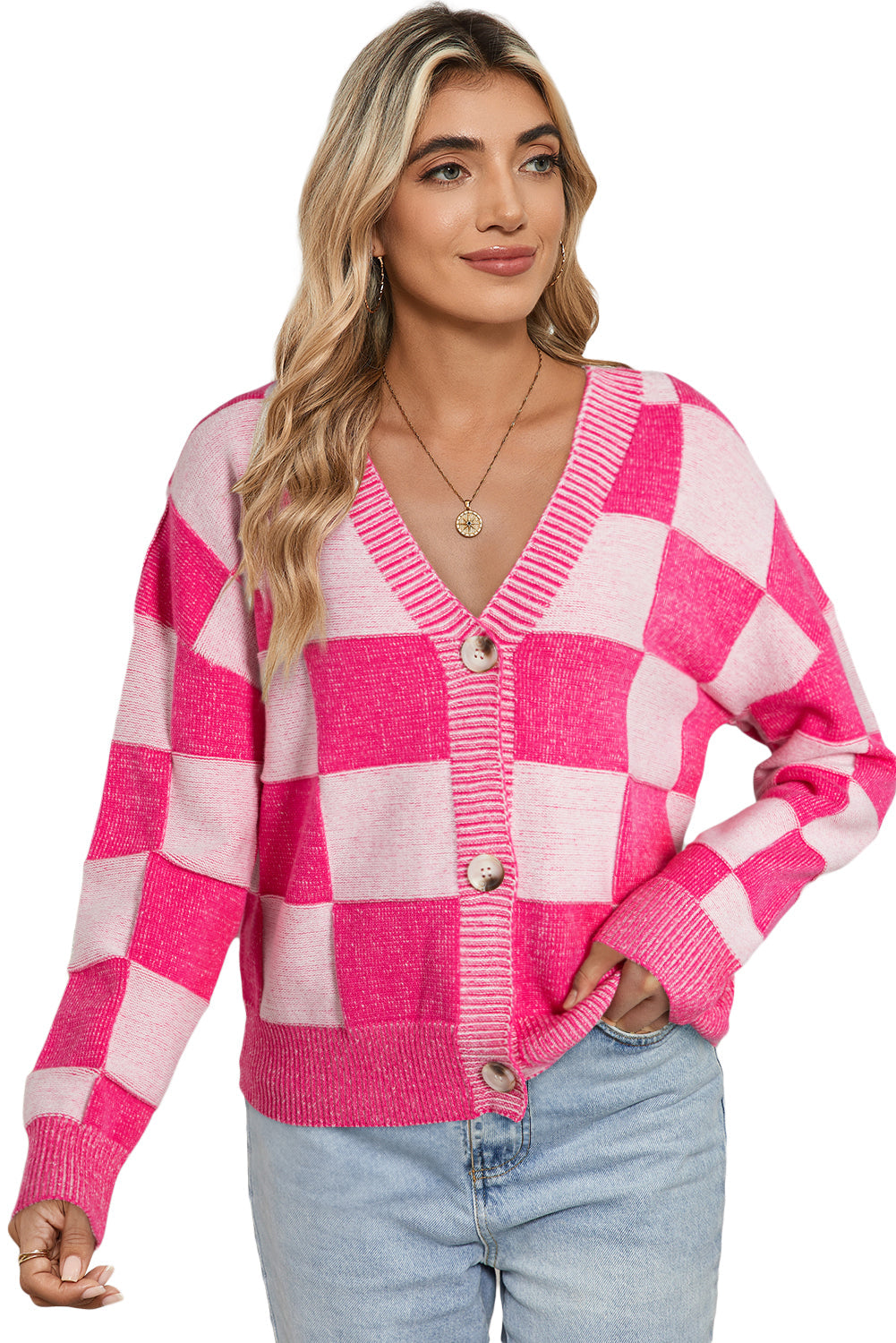 Orange Checkered Buttoned V Neck Drop Shoulder Cardigan - MAD RUFFI