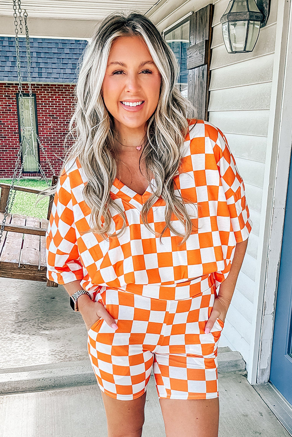 Orange Checkered Print V Neck Pocketed Pajama Set - MAD RUFFI