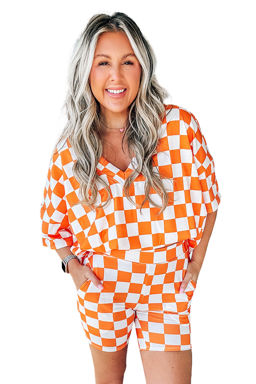 Orange Checkered Print V Neck Pocketed Pajama Set - MAD RUFFI