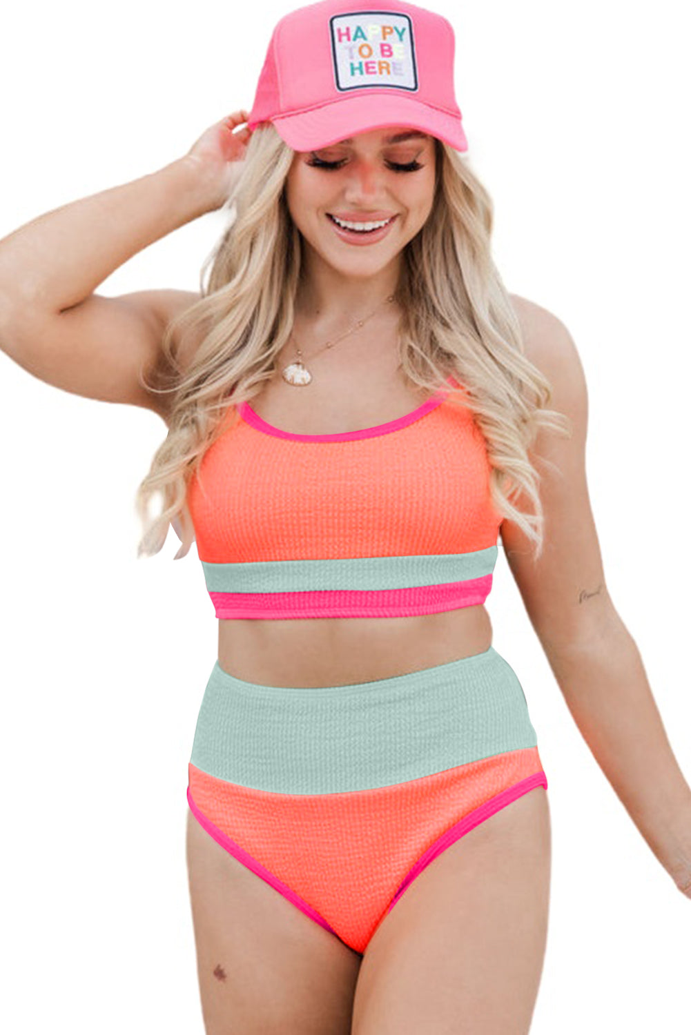 Orange Color Block Textured High Waist Sexy Bikini Set - MAD RUFFI