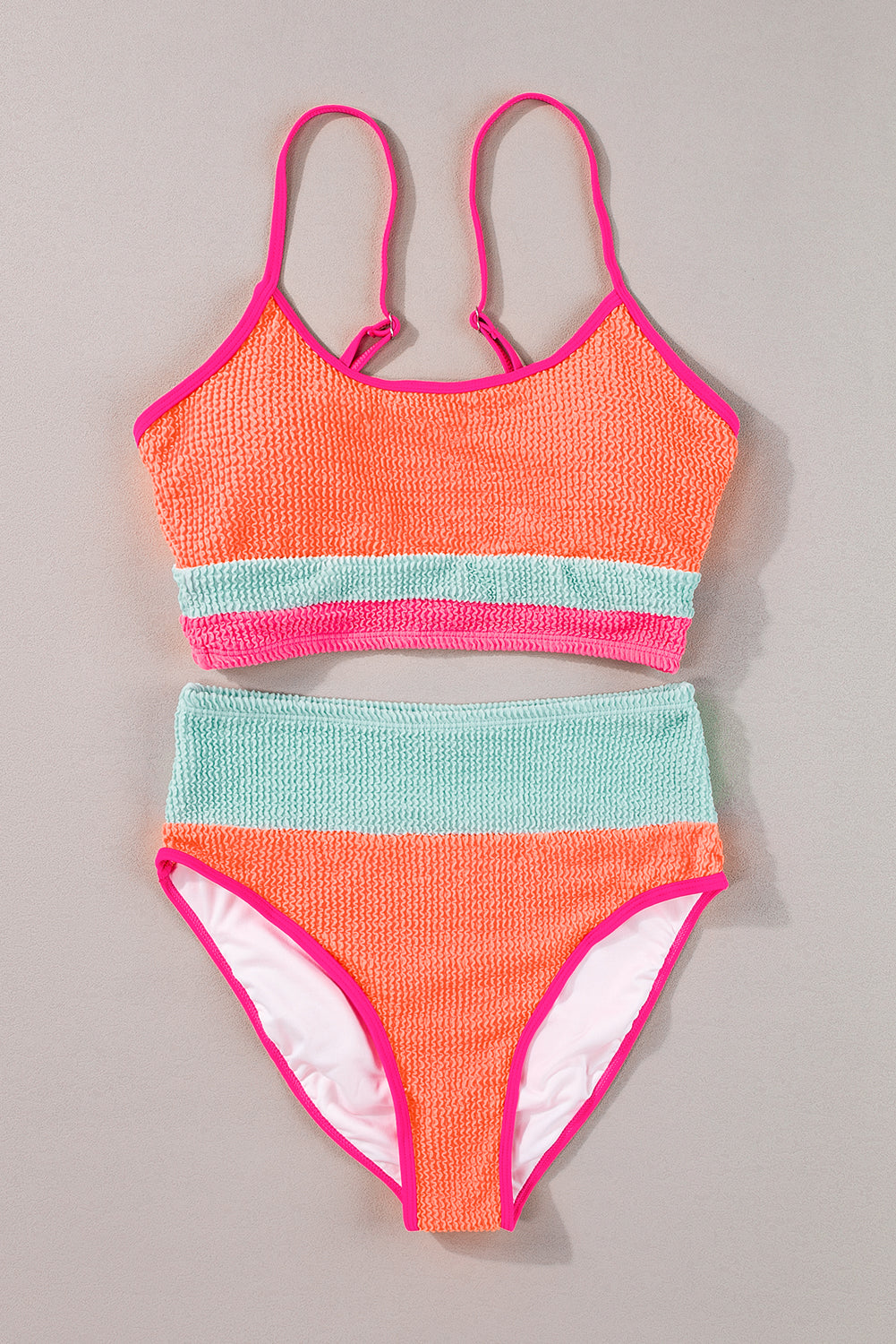 Orange Color Block Textured High Waist Sexy Bikini Set - MAD RUFFI