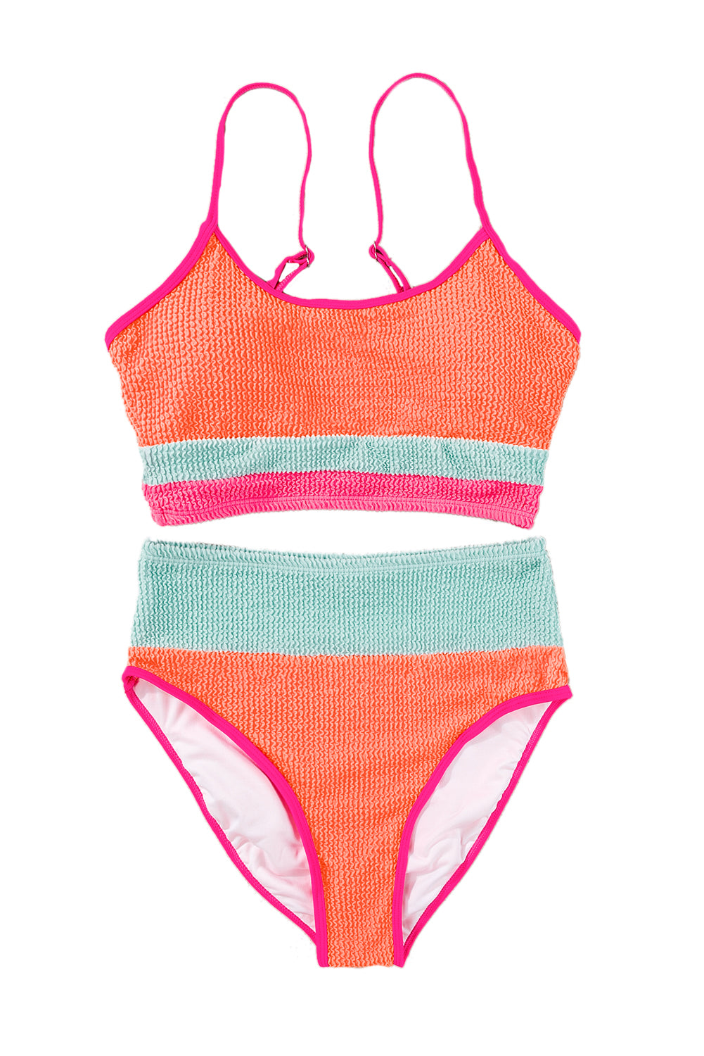 Orange Color Block Textured High Waist Sexy Bikini Set - MAD RUFFI