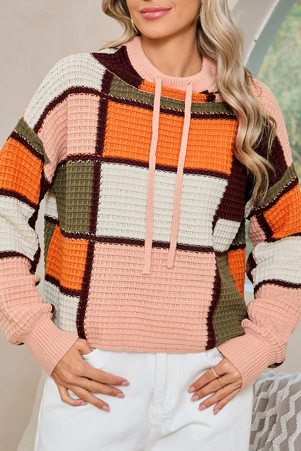 Orange Color Block Waffle Knit Drawstring Mock Neck Sweater - MAD RUFFI