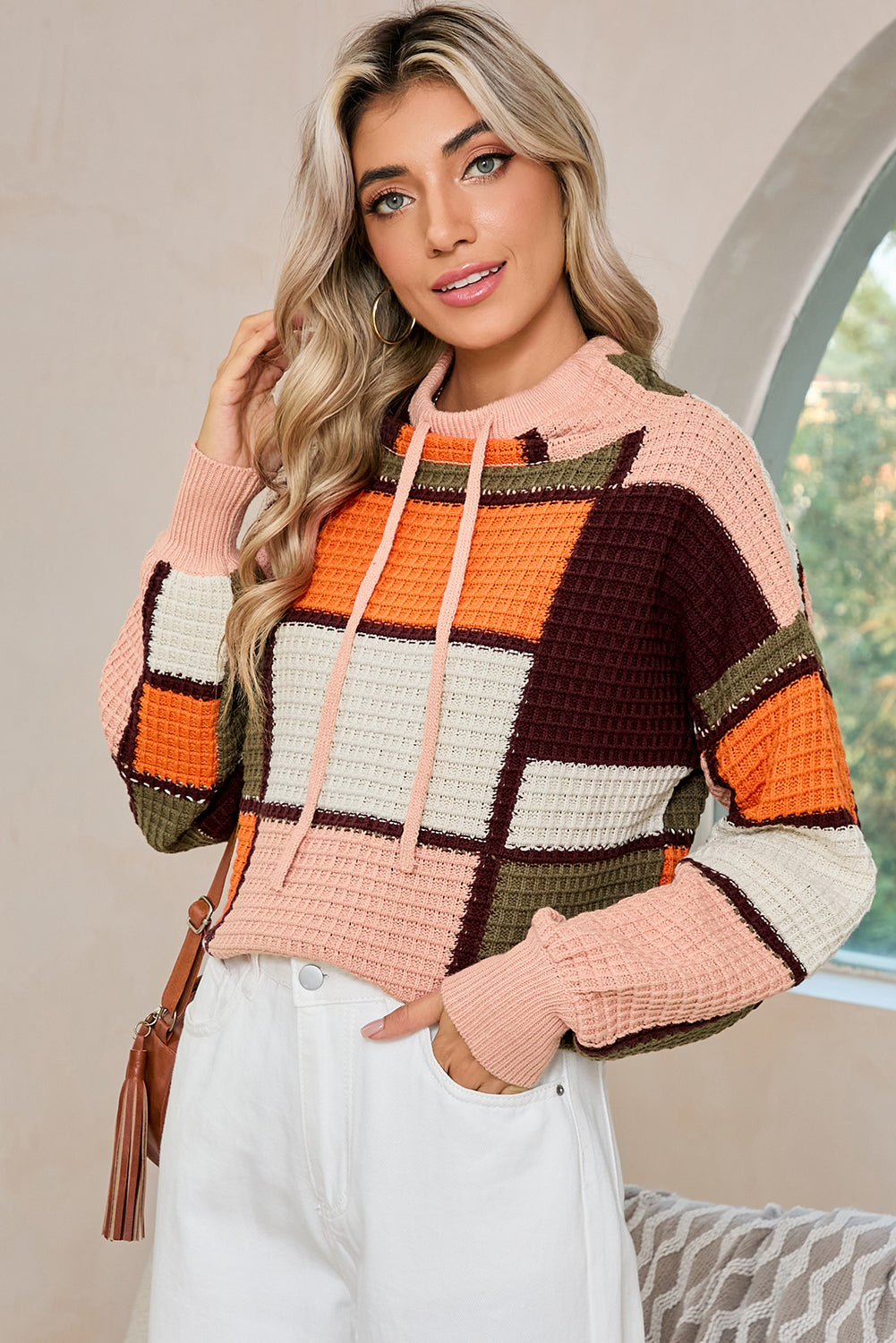 Orange Color Block Waffle Knit Drawstring Mock Neck Sweater - MAD RUFFI