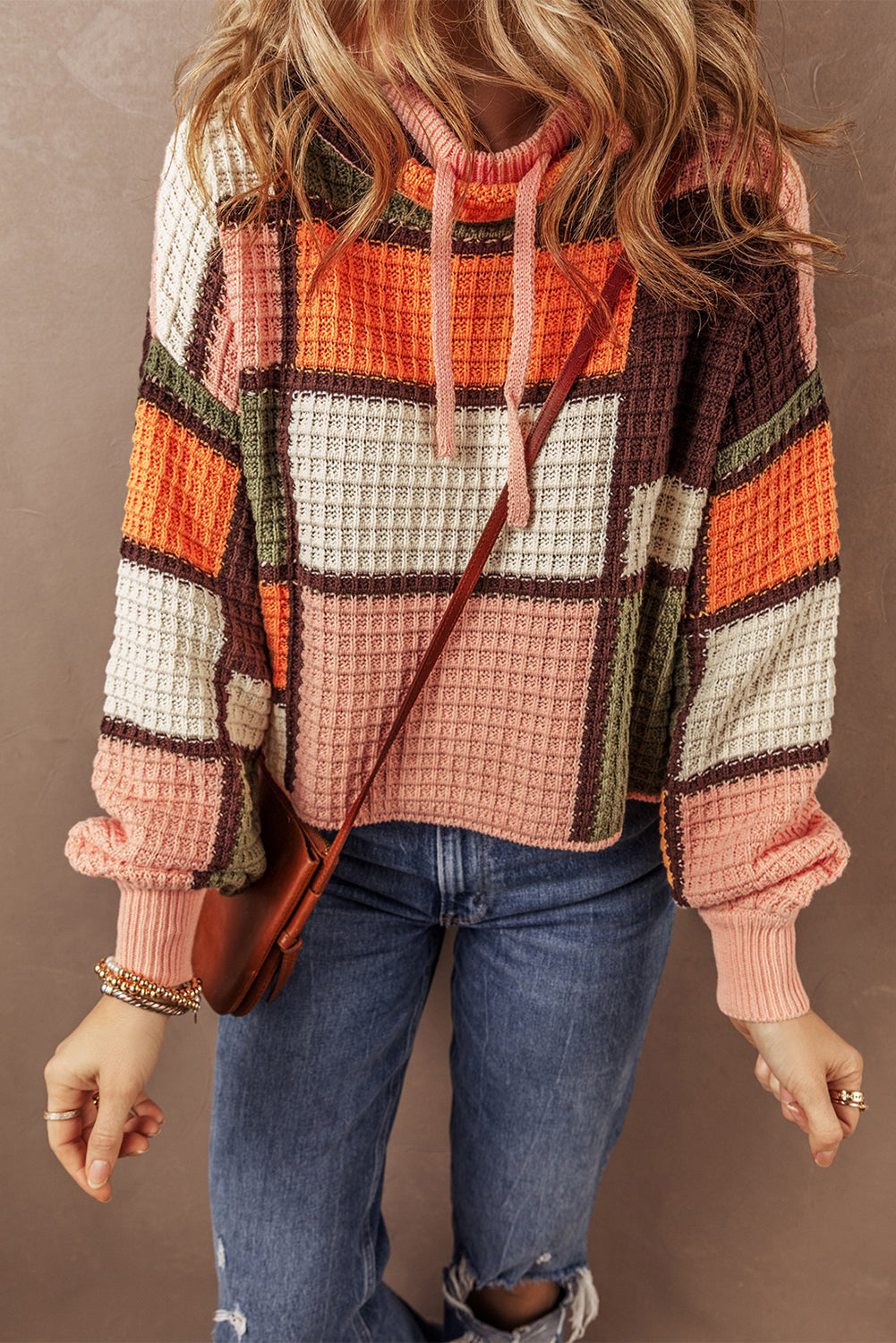 Orange Color Block Waffle Knit Drawstring Mock Neck Sweater - MAD RUFFI