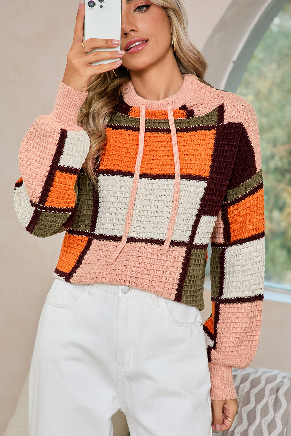 Orange Color Block Waffle Knit Drawstring Mock Neck Sweater - MAD RUFFI