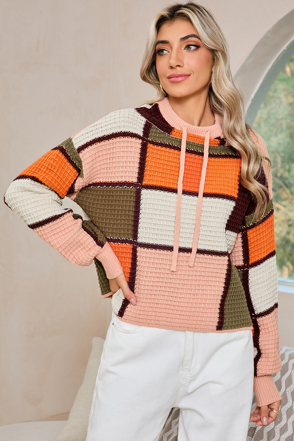 Orange Color Block Waffle Knit Drawstring Mock Neck Sweater - MAD RUFFI