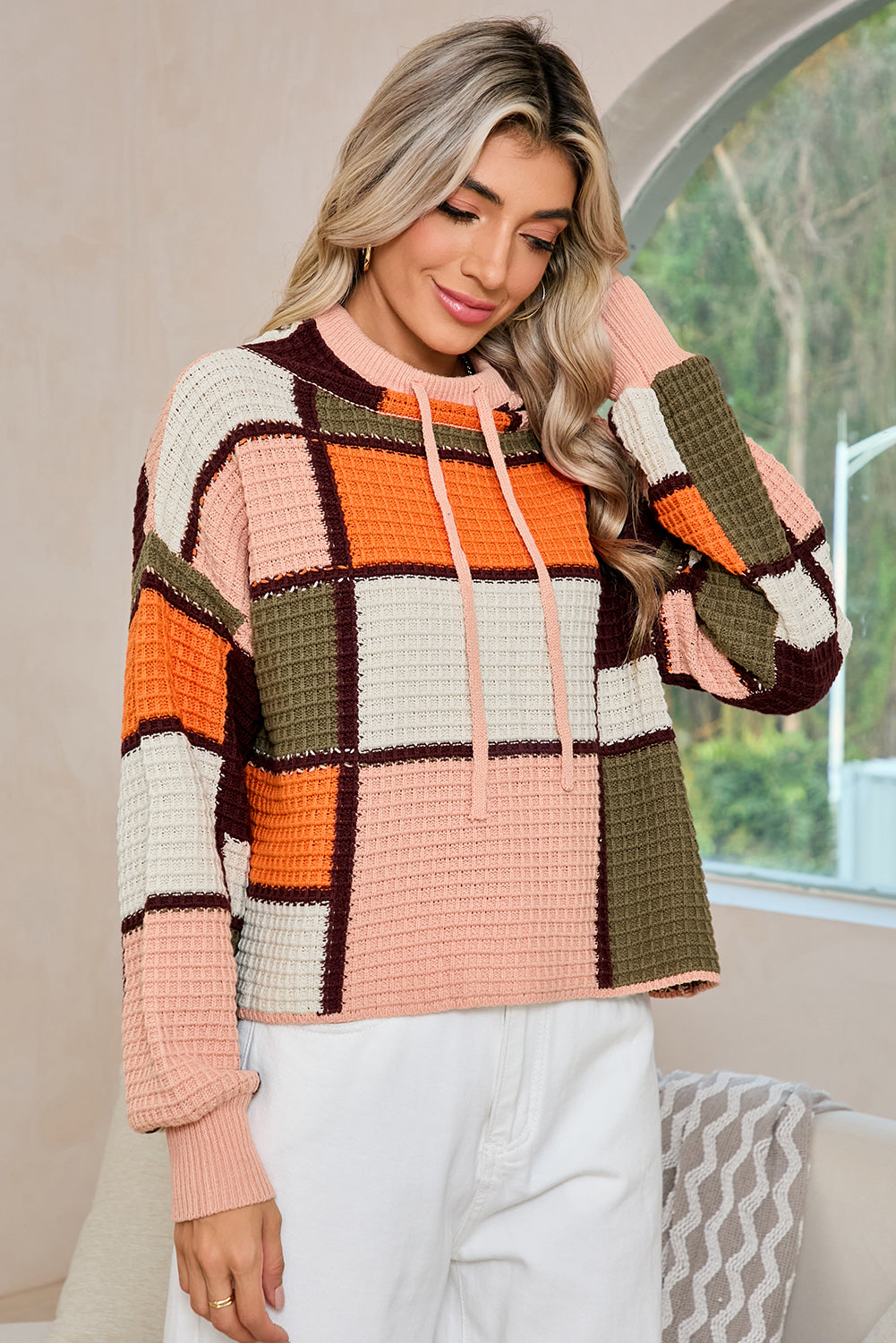 Orange Color Block Waffle Knit Drawstring Mock Neck Sweater - MAD RUFFI