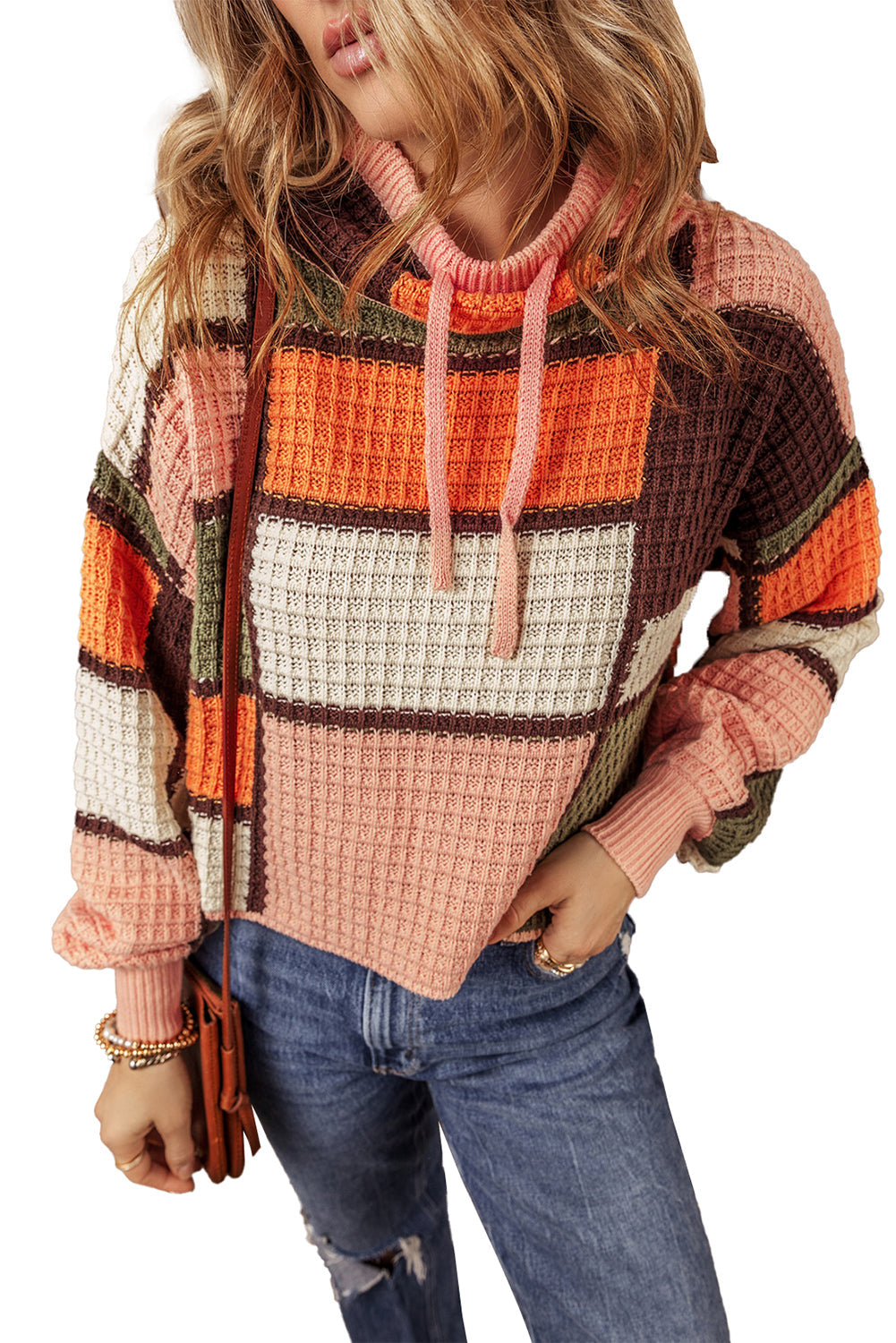 Orange Color Block Waffle Knit Drawstring Mock Neck Sweater - MAD RUFFI