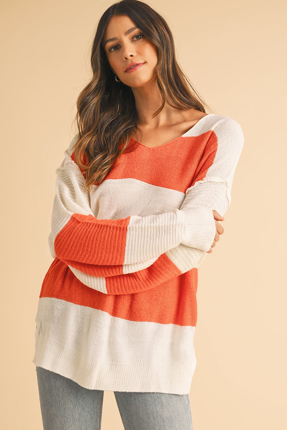 Orange Colorblock V Neck Side Slits Sweater - MAD RUFFI