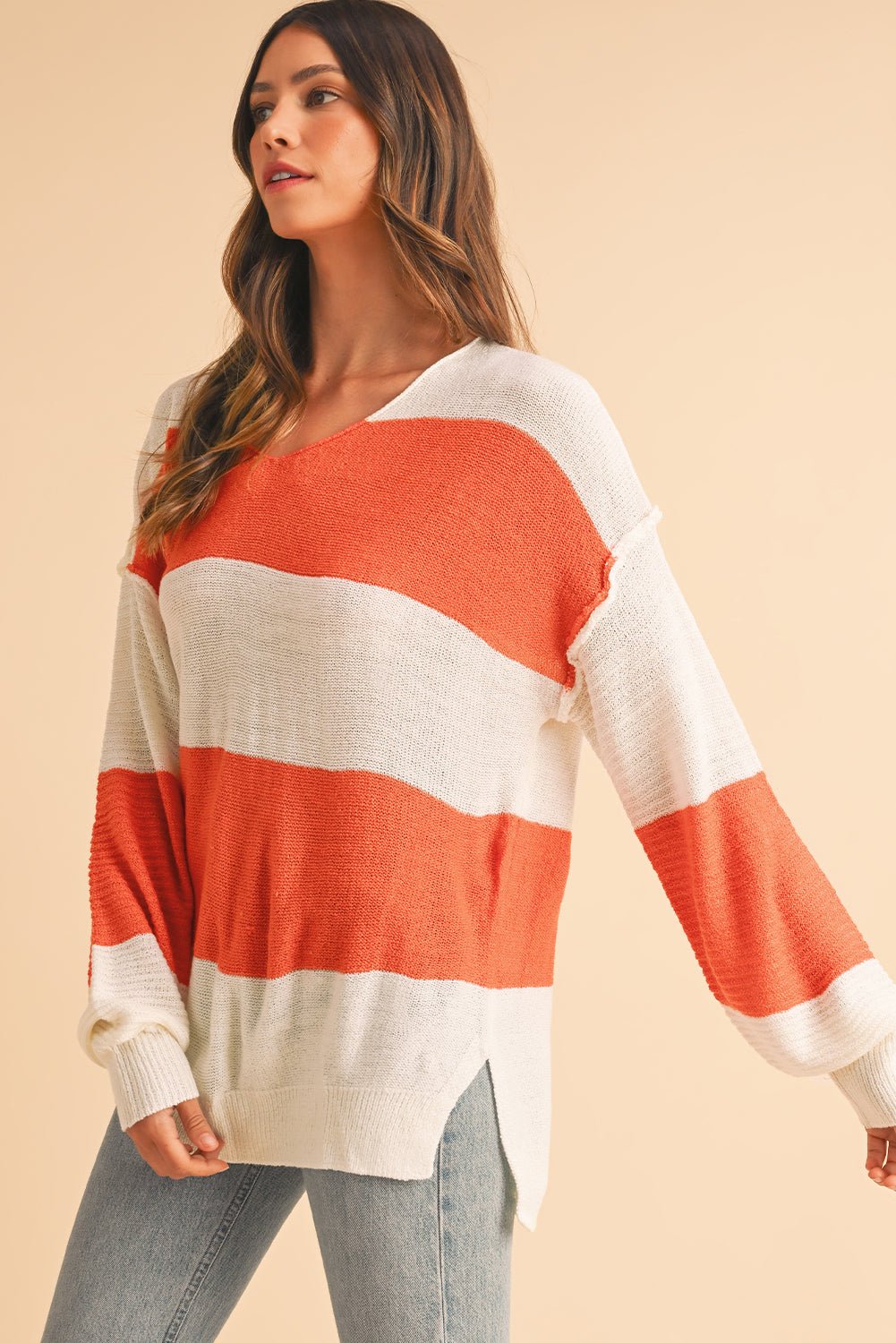 Orange Colorblock V Neck Side Slits Sweater - MAD RUFFI