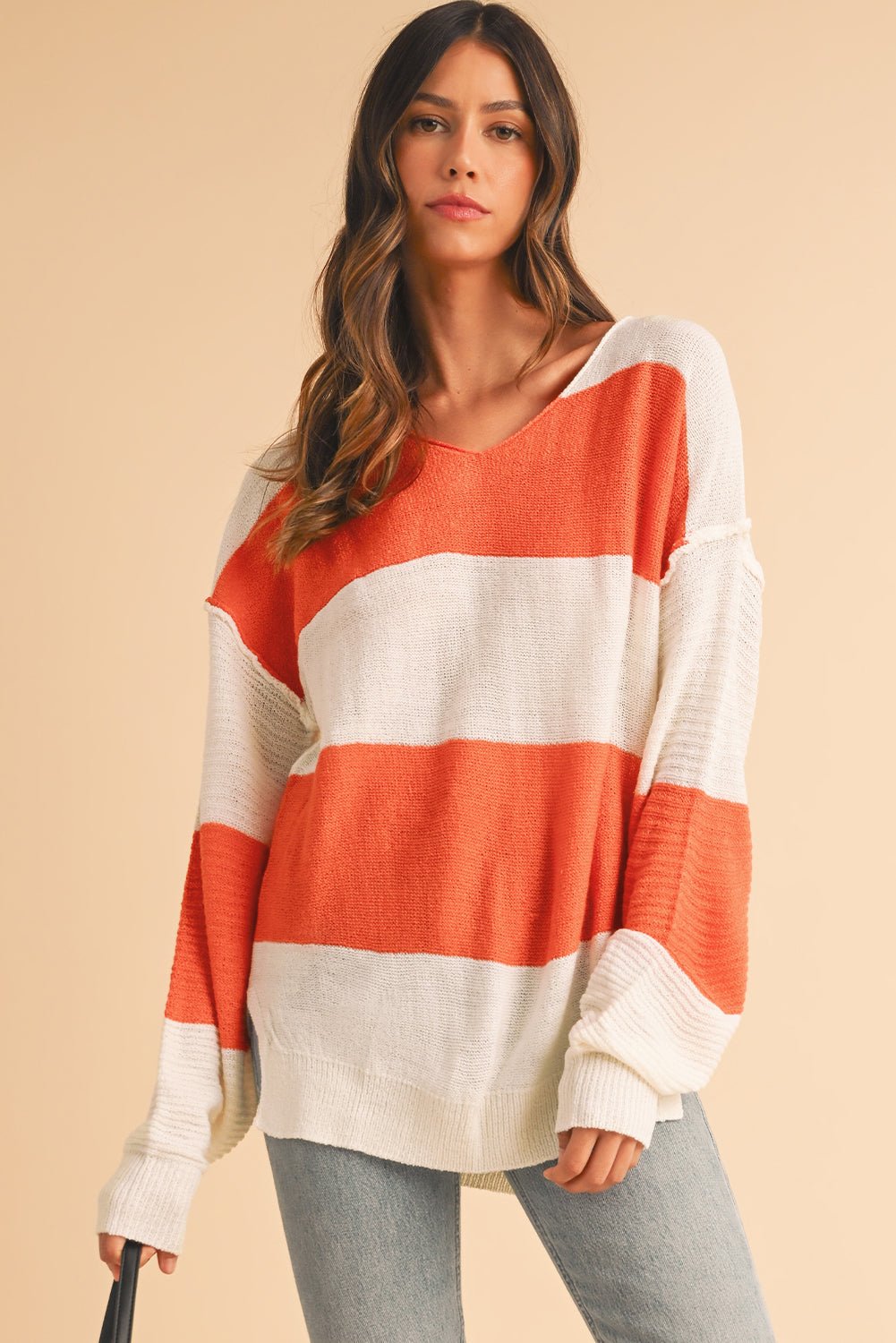 Orange Colorblock V Neck Side Slits Sweater - MAD RUFFI
