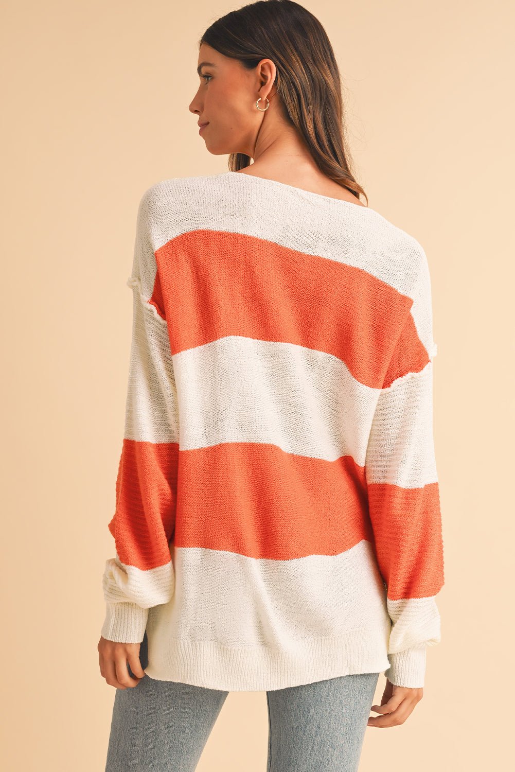 Orange Colorblock V Neck Side Slits Sweater - MAD RUFFI