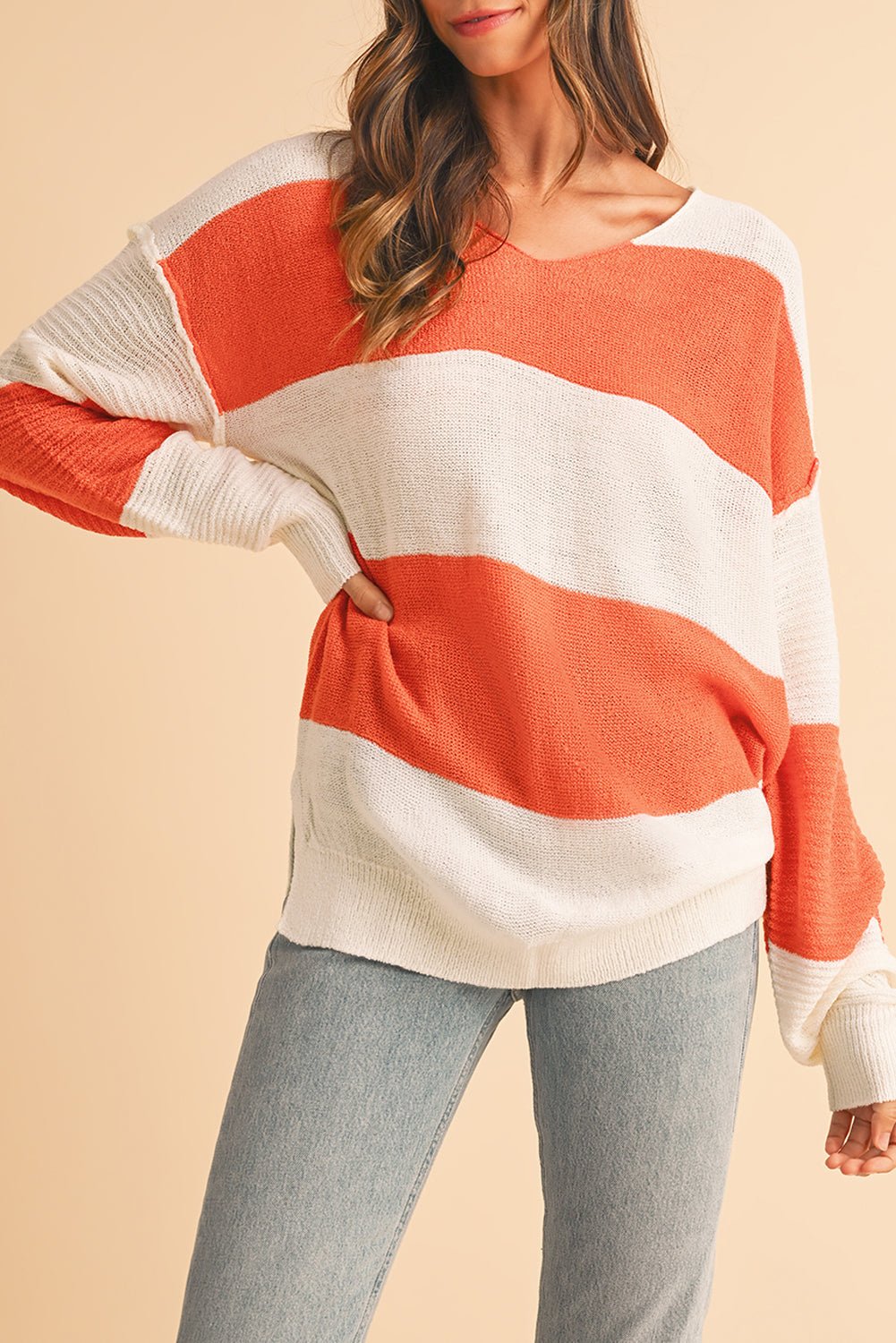 Orange Colorblock V Neck Side Slits Sweater - MAD RUFFI