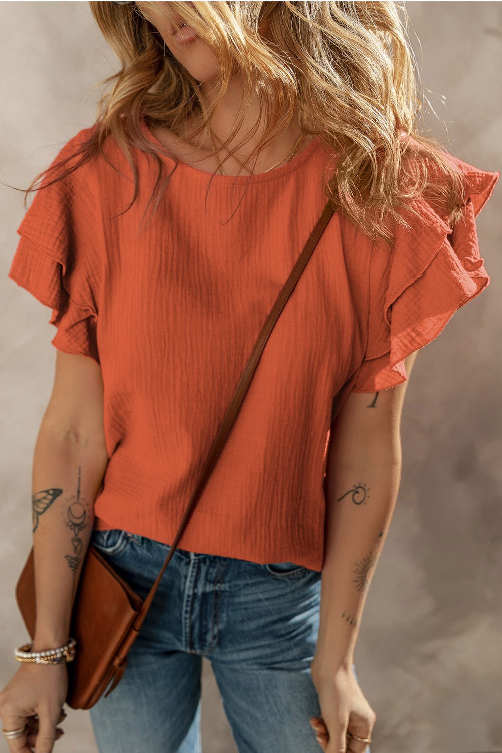 Orange Crinkled Ruffle Sleeve Blouse - MAD RUFFI